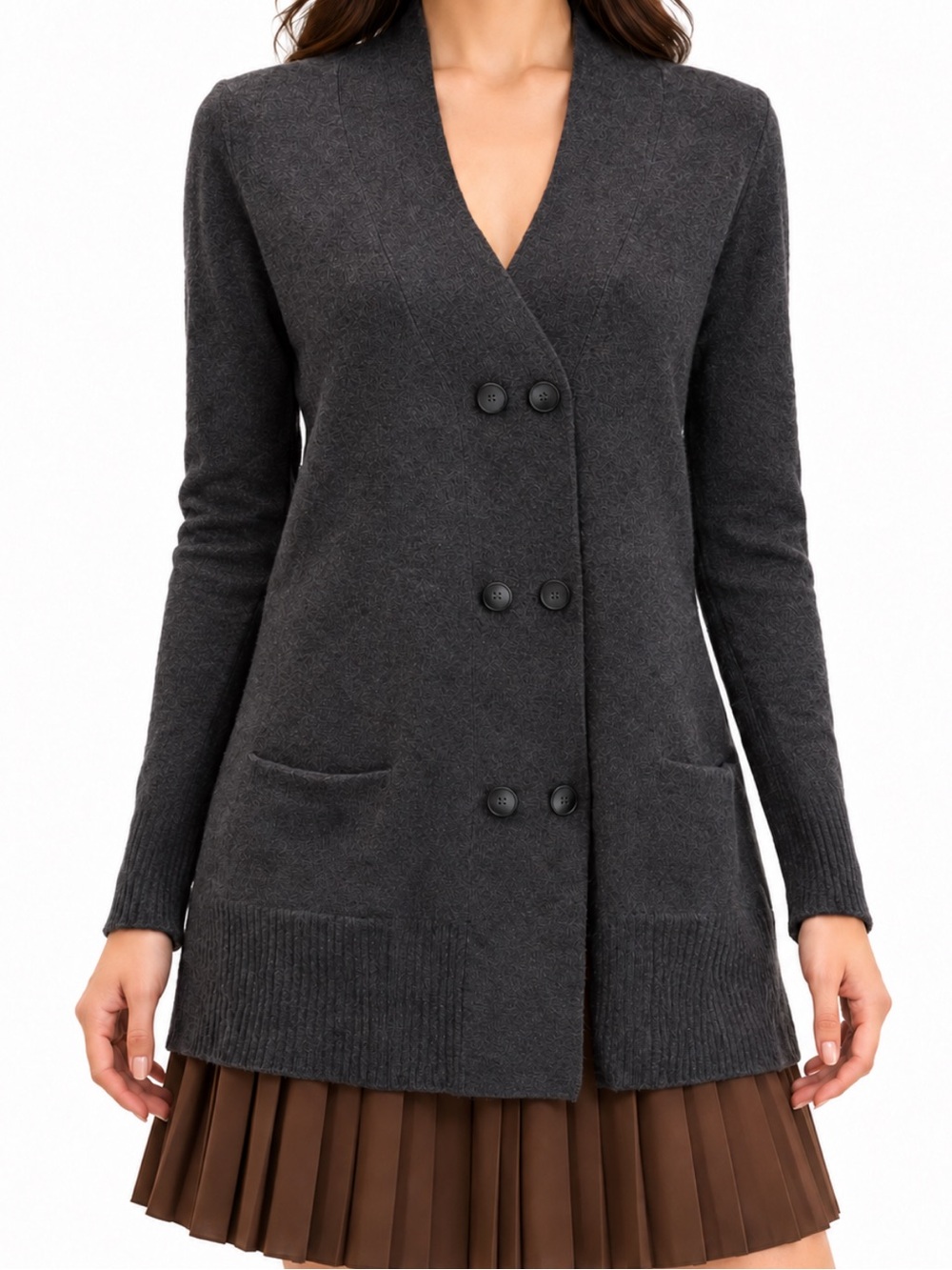 Kenar 100% Cashmere Charcoal Double-Breasted Long Cardigan Medium Preppy Chic